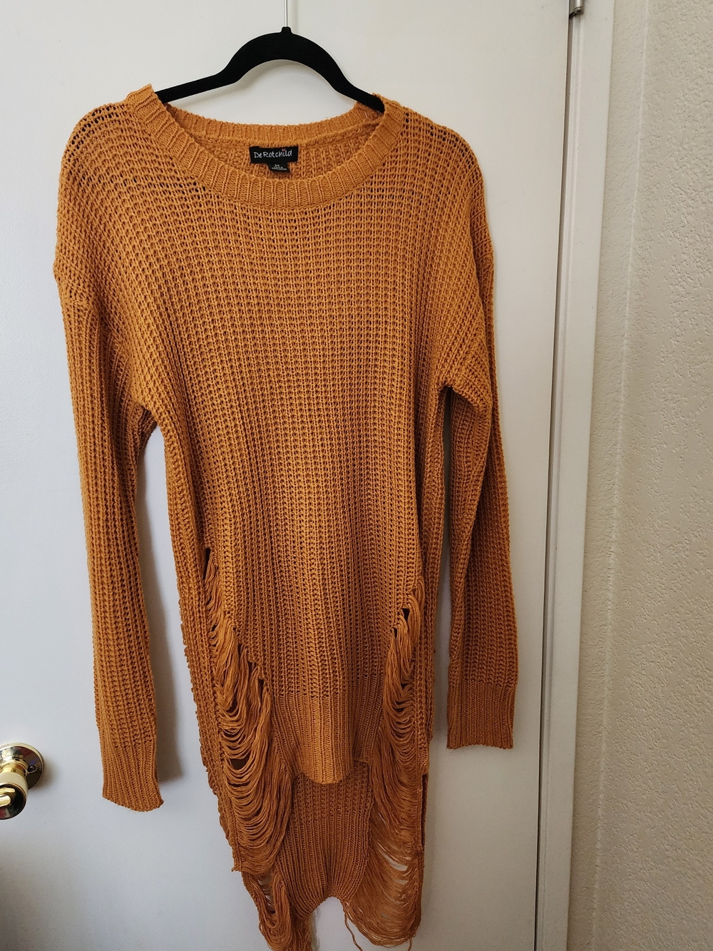Mustard Open-Weave Fringe Crewneck Sweater